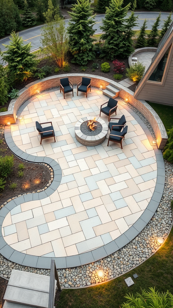 A custom curved paver patio with seating around a fire pit, surrounded by greenery and ambient lighting.