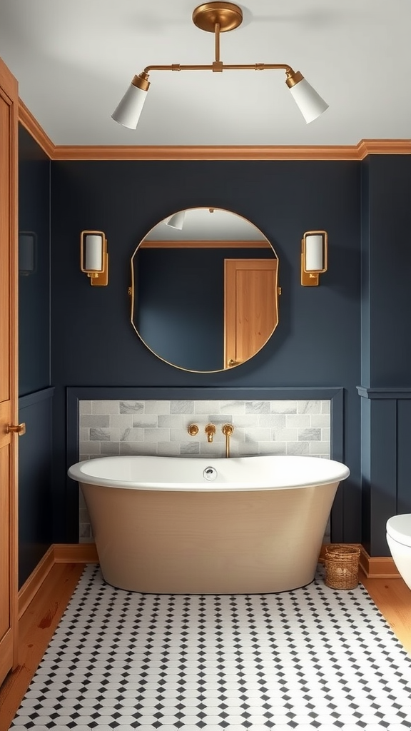 A stylish mid-century modern bathroom featuring navy walls, a freestanding tub, warm wooden accents, and elegant light fixtures.