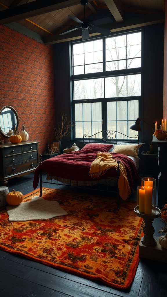 A dark autumn harvest themed bedroom featuring a burgundy blanket on the bed, orange patterned rug, and a pumpkin on the floor.