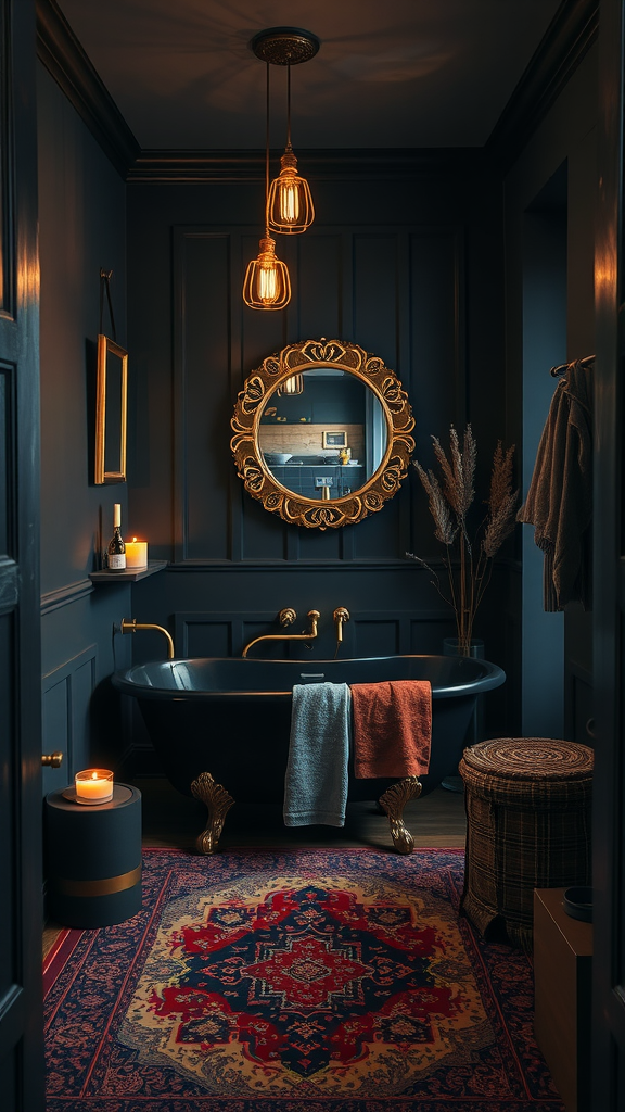 A stylish dark boho bathroom featuring a black freestanding tub, warm lighting, ornate mirror, and colorful patterned rug.