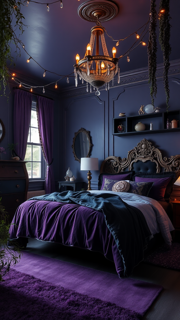 A cozy dark bedroom with purple and blue decor, featuring a chandelier and lush greenery.