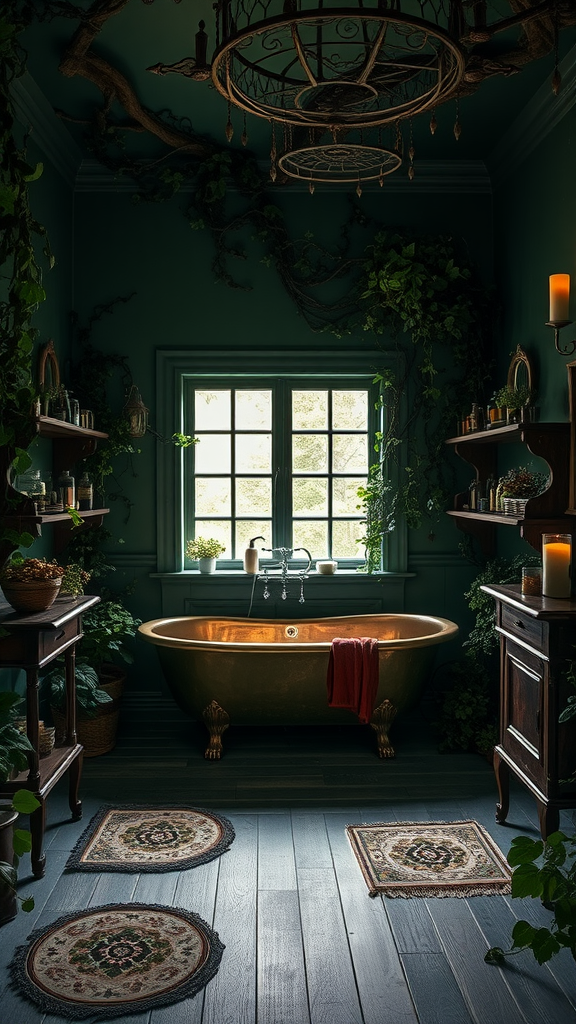 A dark green bathroom with a golden bathtub, plants, and vintage decor.