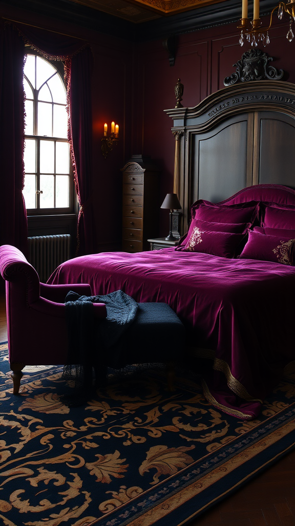 A dark velvet bedroom featuring a plush purple bed, ornate wooden headboard, and elegant decor.