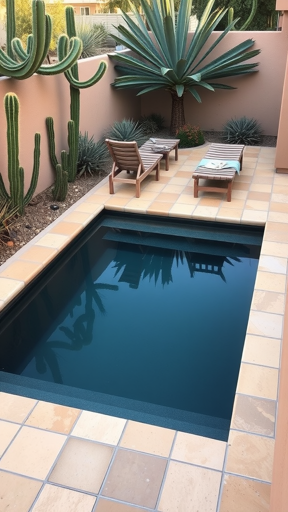 Desert-inspired plunge pool with cacti and lounge chairs in a small yard