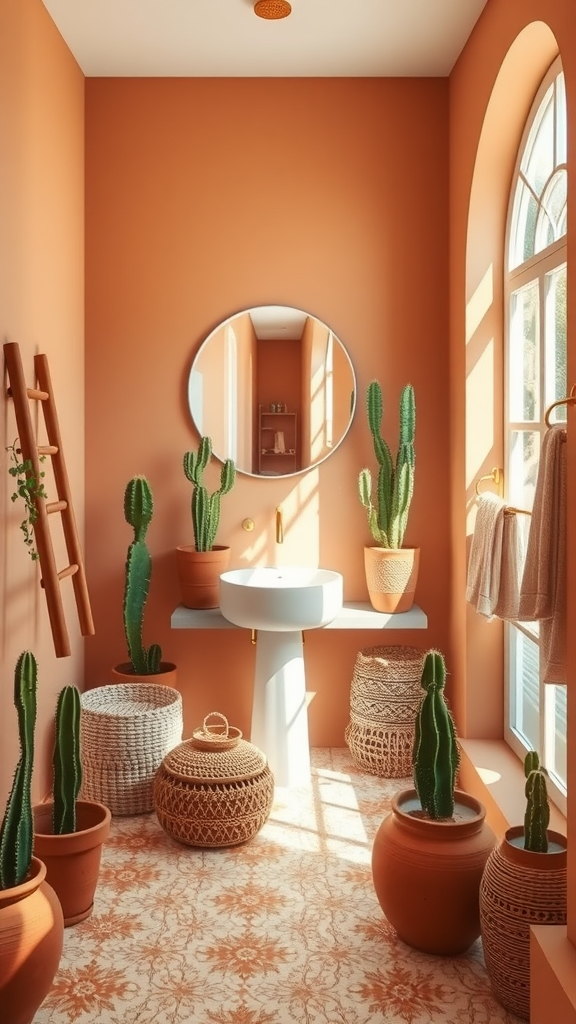 A stylish bathroom with orange walls, a round mirror, and various potted cacti.