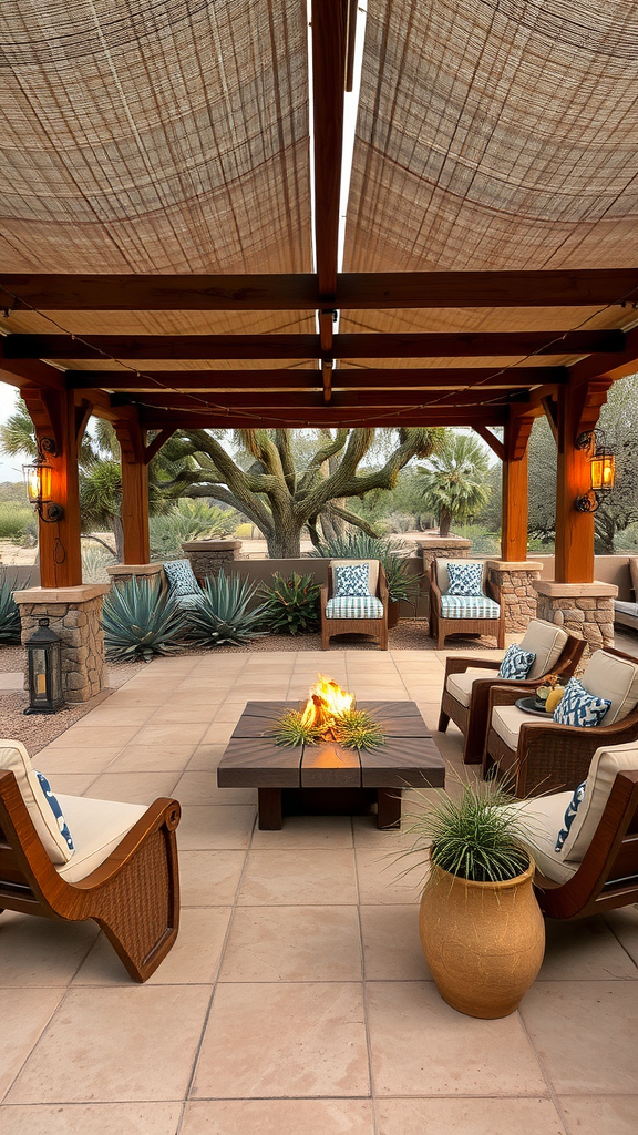 Cozy covered patio in a desert setting with seating, a fire table, and surrounding plants.