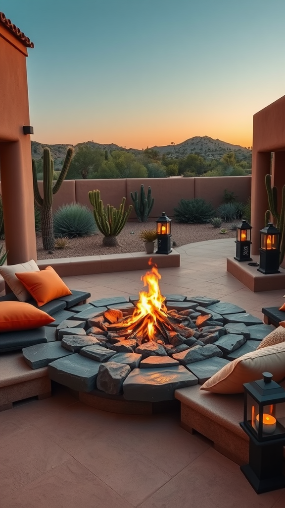 A cozy fire pit surrounded by stone, with cushions and lanterns, set against a desert backdrop at sunset.