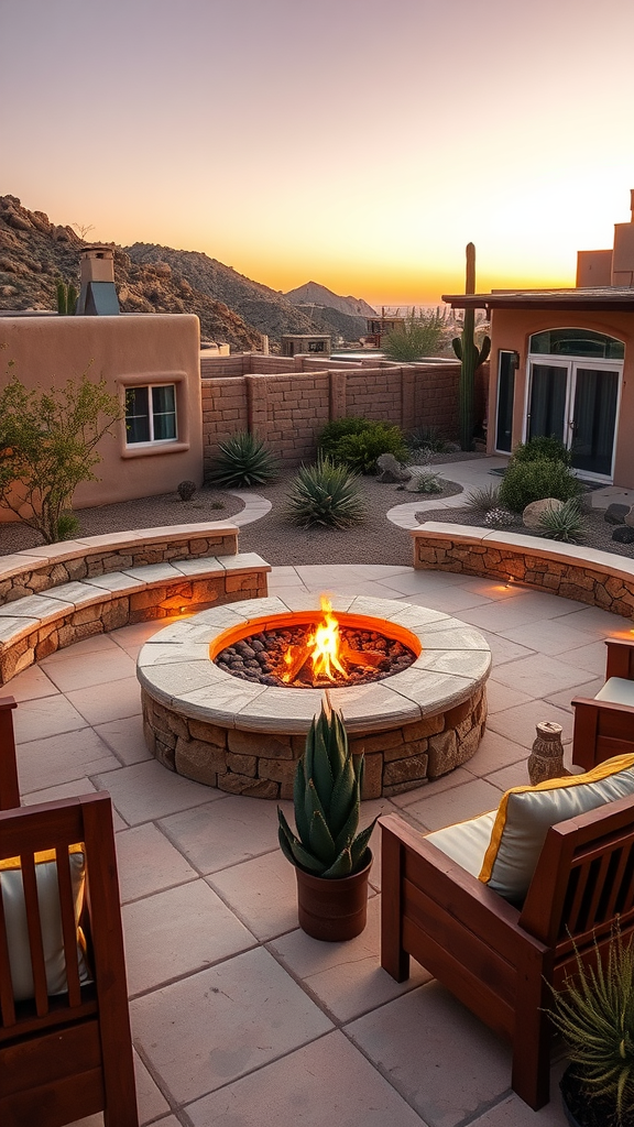 Desert patio with a fire pit and seating area surrounded by plants and mountains