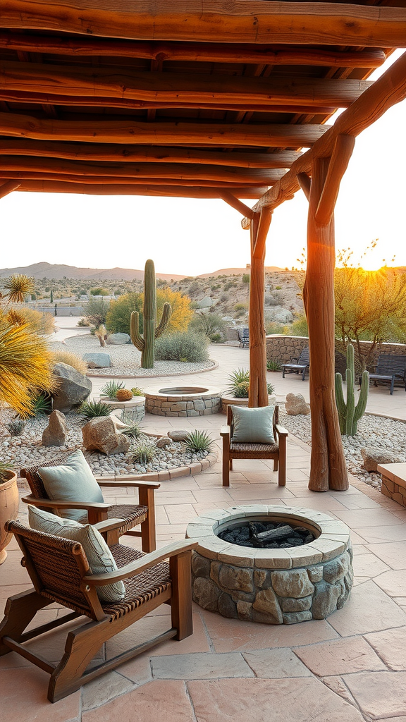 A desert pergola with wooden beams, comfortable chairs, and a cactus garden.