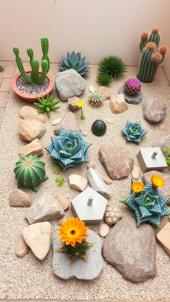 A small desert garden featuring various succulents and cacti with yellow flowers and decorative stones.