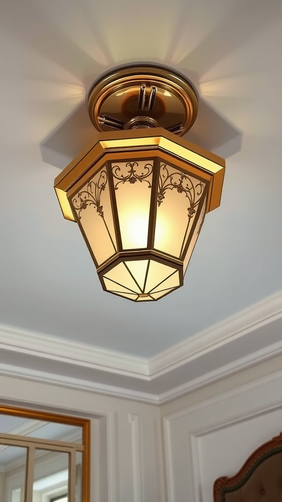 An Art Deco ceiling light with an octagonal design, featuring gold accents and frosted glass, installed on a bright ceiling.