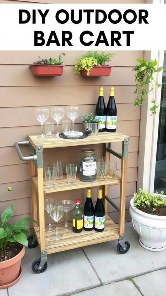 A DIY outdoor bar cart with wooden shelves, glasses, and drinks, surrounded by greenery.