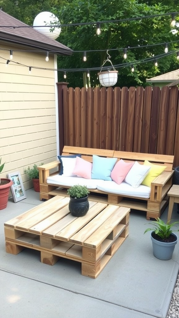 A DIY pallet furniture set on a patio with cushions and plants.