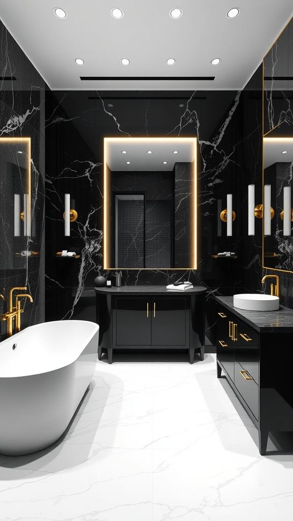 A luxurious black and white bathroom featuring marble walls, a white freestanding bathtub, and gold accents.