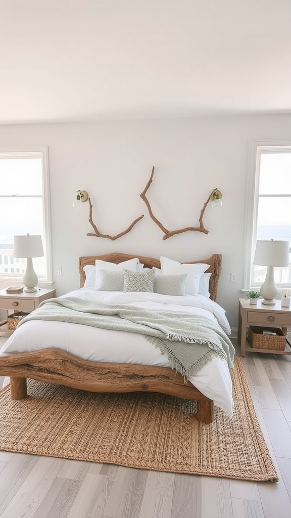 A coastal bedroom featuring a driftwood bed frame, soft white bedding, and a jute rug.