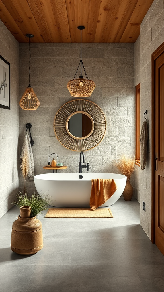 A modern bathroom featuring a freestanding tub, woven lighting, stone walls, and wooden accents