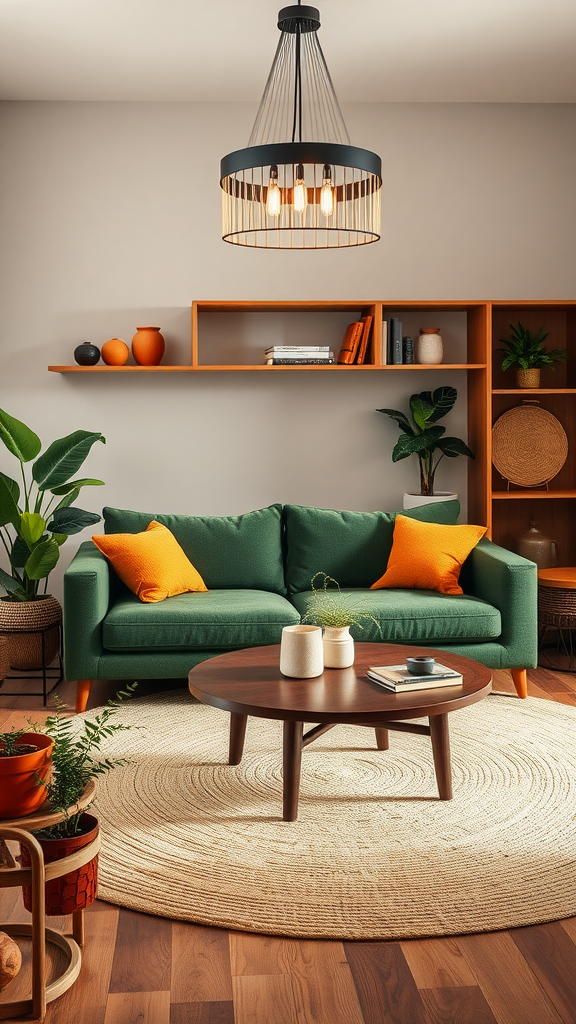 Cozy mid-century modern living room featuring a green sofa, earthy tones, natural elements, and a stylish decor.