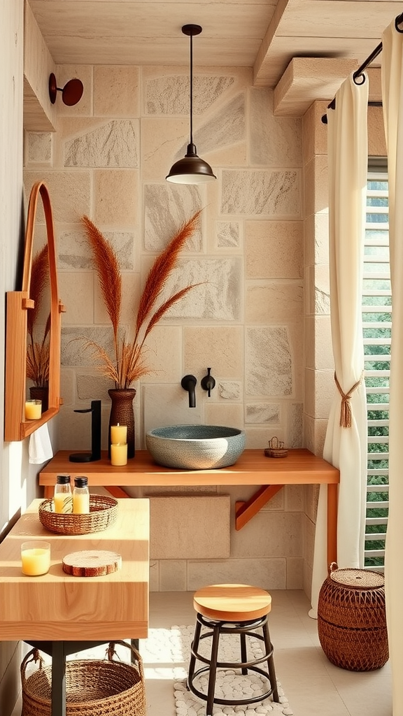 A stylish bathroom featuring natural stone walls, wooden elements, a unique sink, and soft lighting for a calming atmosphere.