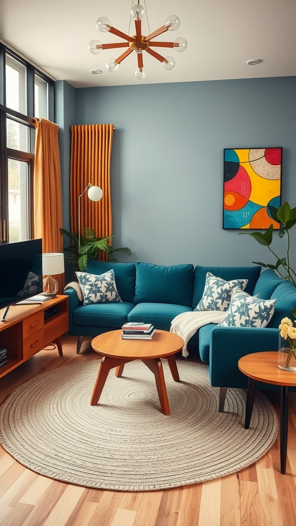 Cozy mid-century modern living room featuring a teal sofa, round rug, and colorful wall art.