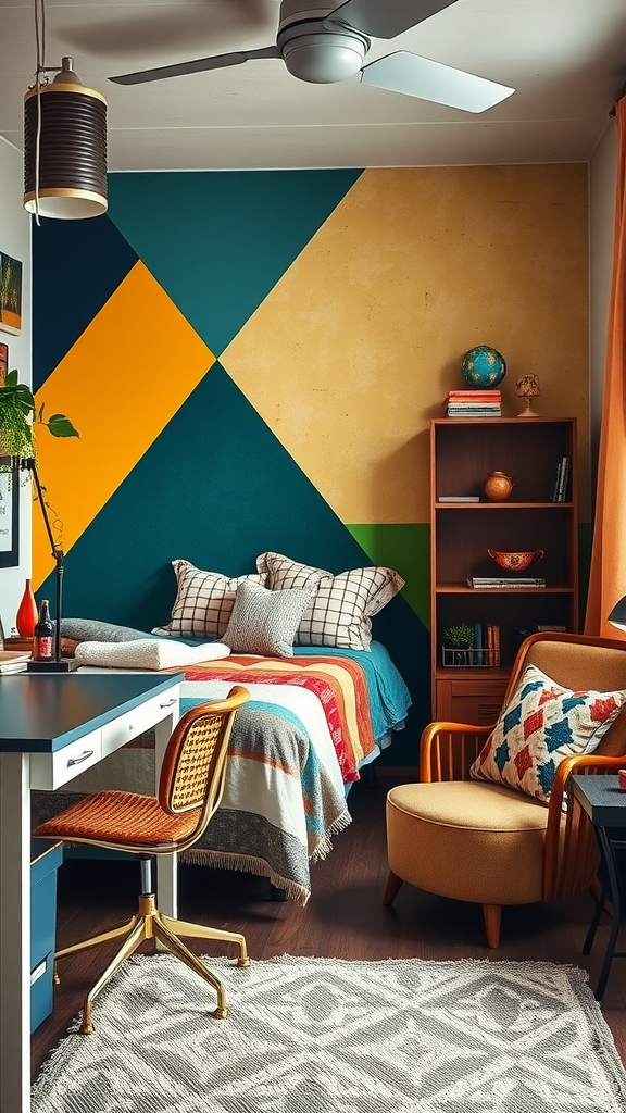 A colorful and stylish college dorm room featuring a geometric wall design, a patchwork bedspread, wooden furniture, and a cozy atmosphere.