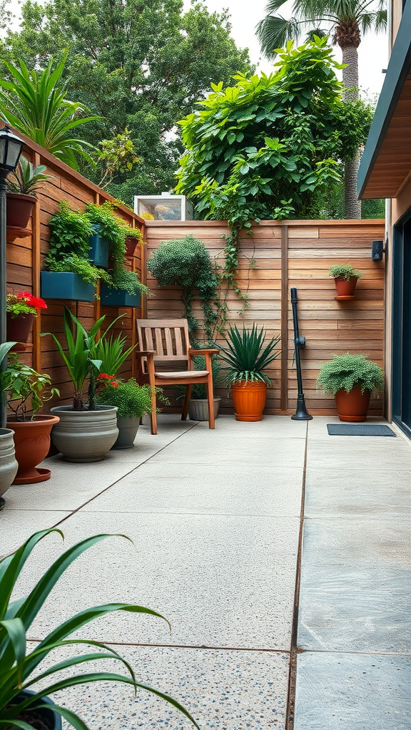 Eco-friendly concrete patio with potted plants and wooden elements