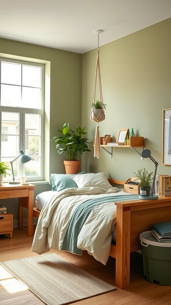 An eco-friendly dorm room featuring green walls, wooden furniture, and plants.