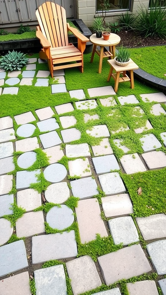 Eco-friendly paver patio with groundcover, featuring a wooden chair and potted plants.