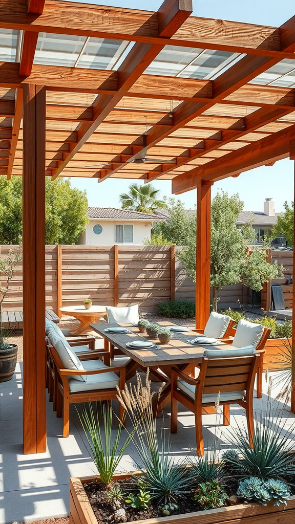 A beautiful patio with a wooden pergola and solar panels overhead, featuring a dining table and comfortable seating.