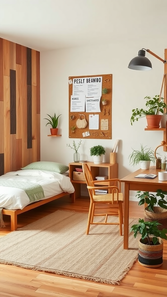 Eco-friendly teen boy bedroom with plants, wooden furniture, and a cozy atmosphere.