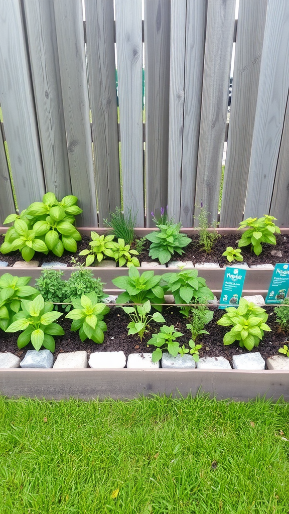 A small herb garden featuring basil, rosemary, and cilantro, neatly arranged with stone borders.