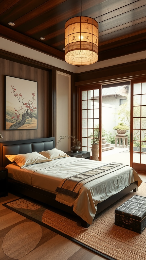 Asian-inspired luxury bedroom with wooden details, a large window, and calming decor