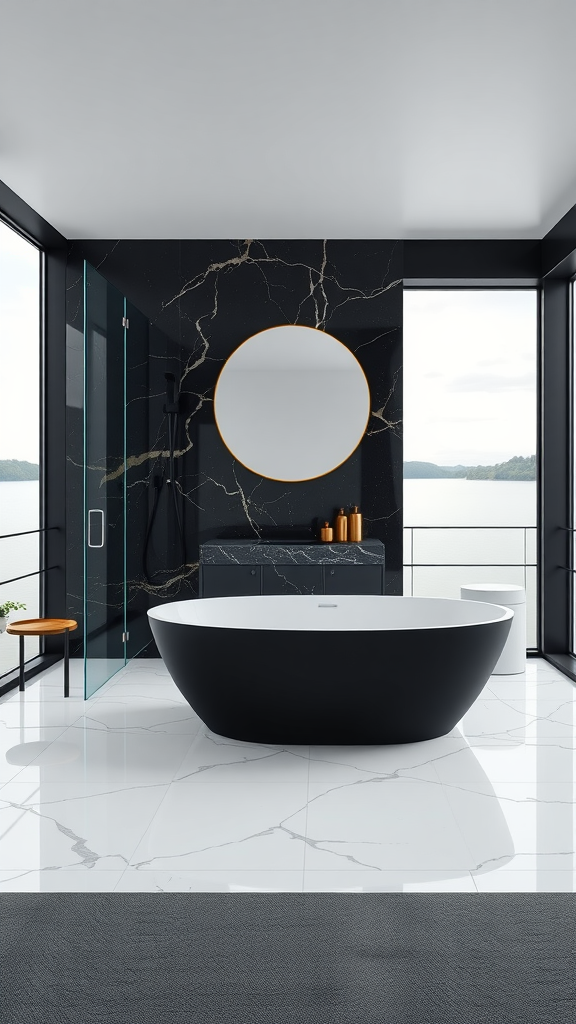 A modern black and white bathroom with a freestanding tub, large mirror, and lake view.