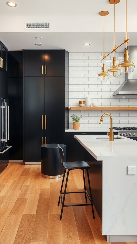 A modern mid-century kitchen featuring black cabinets, white subway tile, wooden flooring, and gold accents.