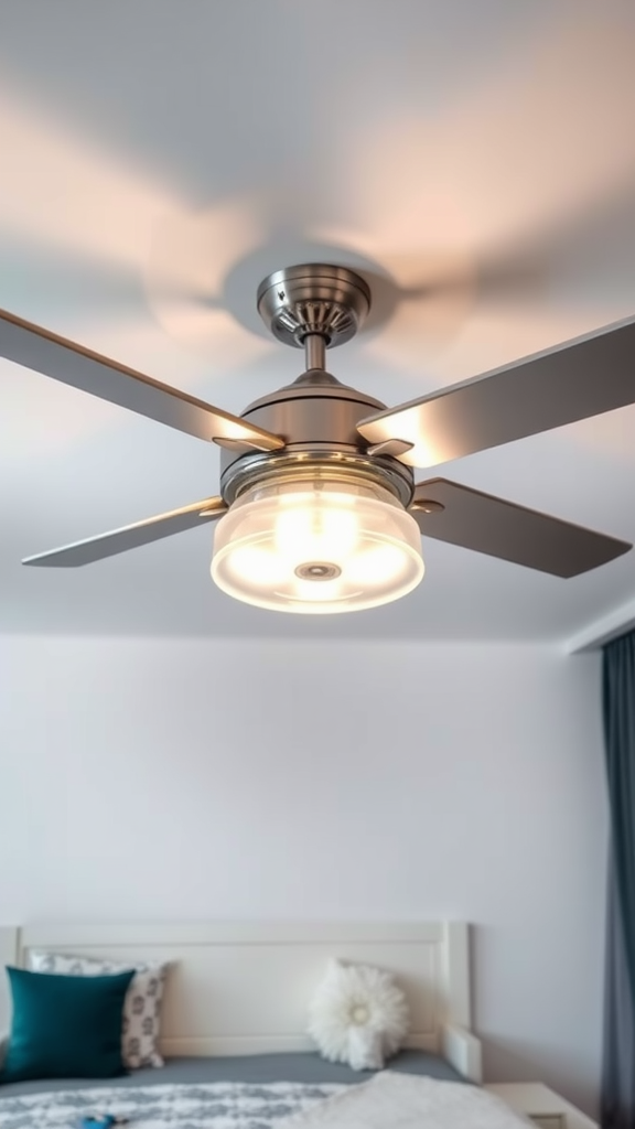 Stylish ceiling fan light in a modern bedroom