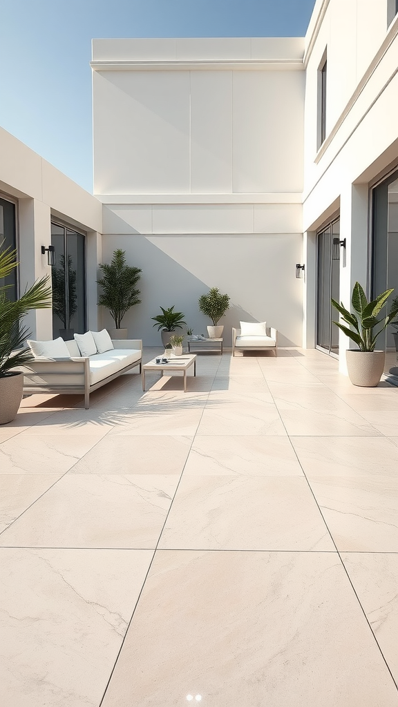 Elegant concrete patio with marble-inspired design featuring soft tones, comfortable seating, and potted plants.