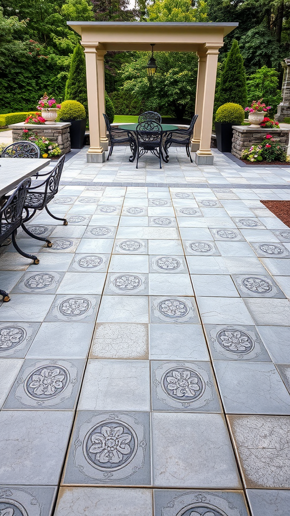 Elegant concrete patio featuring stamped patterns and a pergola