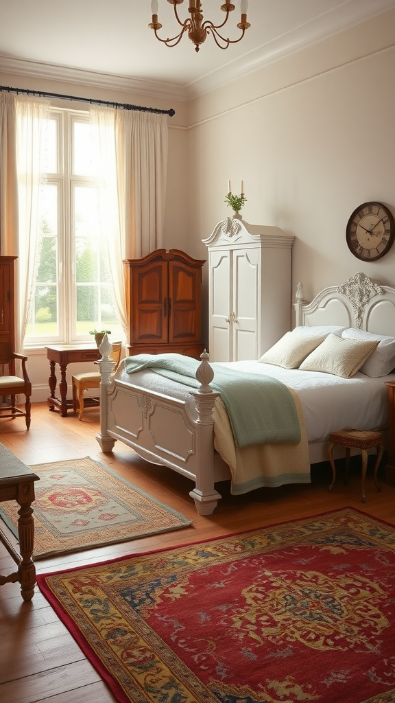 A cozy and elegant country farmhouse bedroom featuring a wooden bed, vintage furniture, and rich rugs.