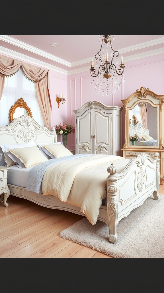 French country bedroom with pink walls, chandelier, ornate bed, and stylish furniture