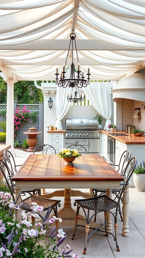 A charming outdoor kitchen patio with a large wooden table and wrought iron chairs, draped ceiling, modern kitchen appliances, and flowering plants.