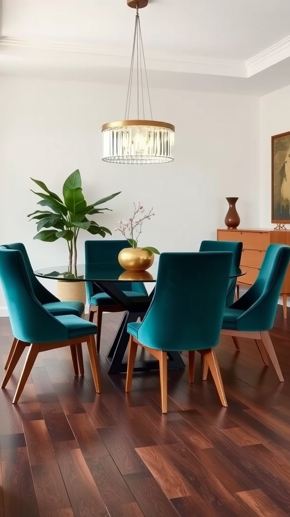 Elegant mid-century modern dining room featuring teal chairs, a glass table, and a stylish chandelier.