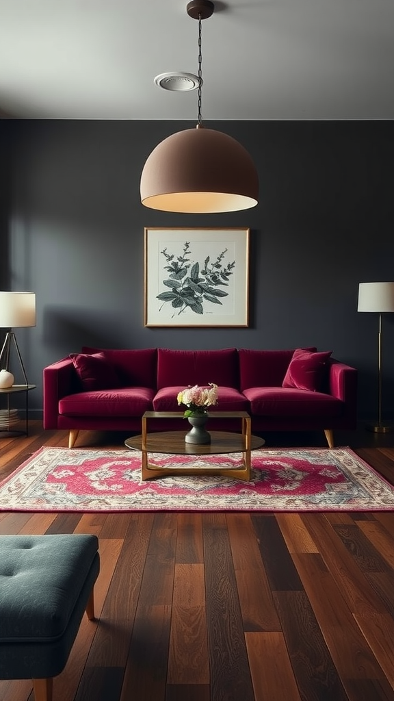 A moody mid-century modern living room featuring a burgundy couch, soft lighting, and a patterned rug.