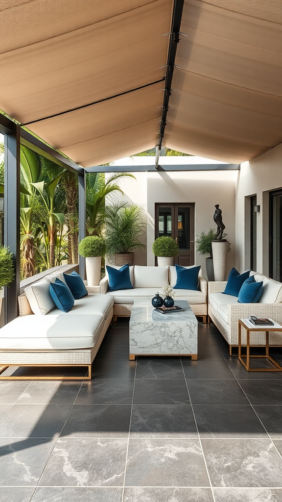 A stylish covered patio featuring a modern lounge set with white cushions and blue accent pillows, surrounded by greenery.