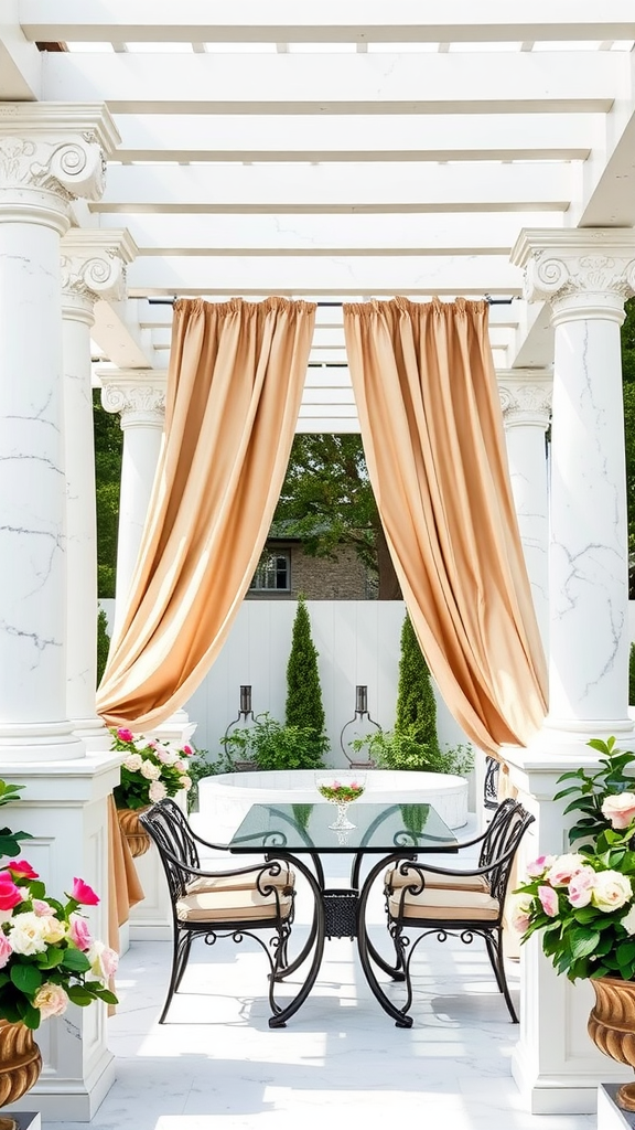 An elegant outdoor patio with marble columns, soft drapes, and floral arrangements.