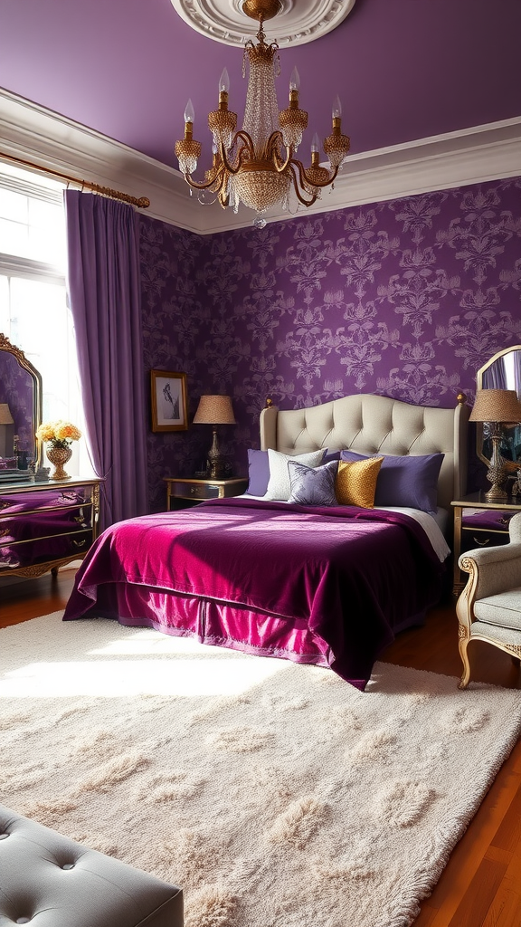 A stylish purple bedroom with elegant decor, featuring a chandelier, a plush bed, and decorative wallpaper.