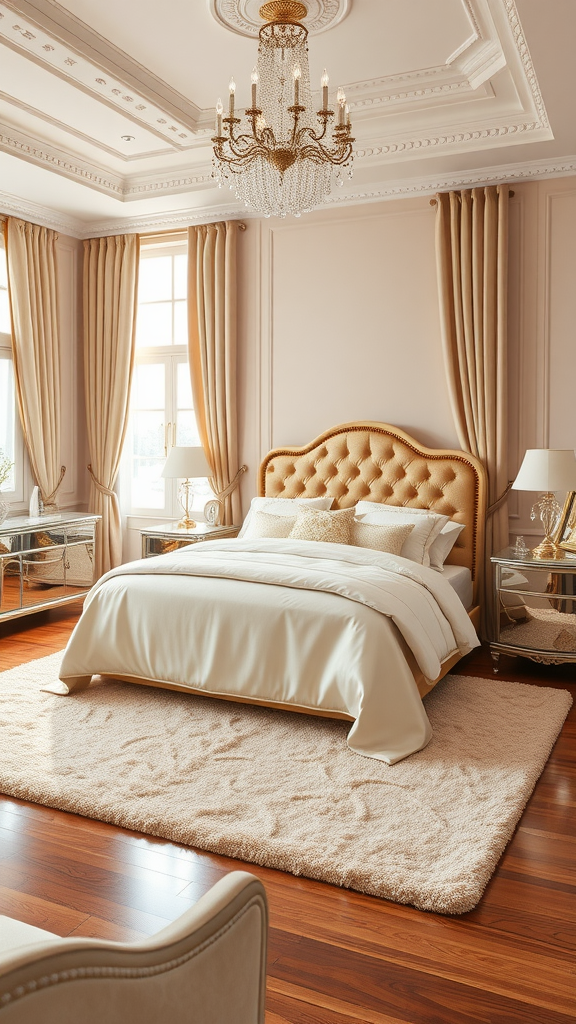 Master bedroom with silk and satin decor, featuring a plush bed, elegant chandelier, and warm color scheme.