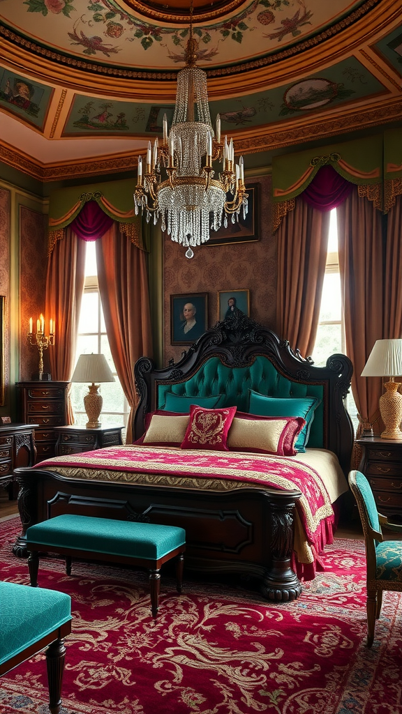 A luxurious Victorian revival bedroom featuring a dark wooden bed with rich fabrics, a grand chandelier, and ornate decorations.