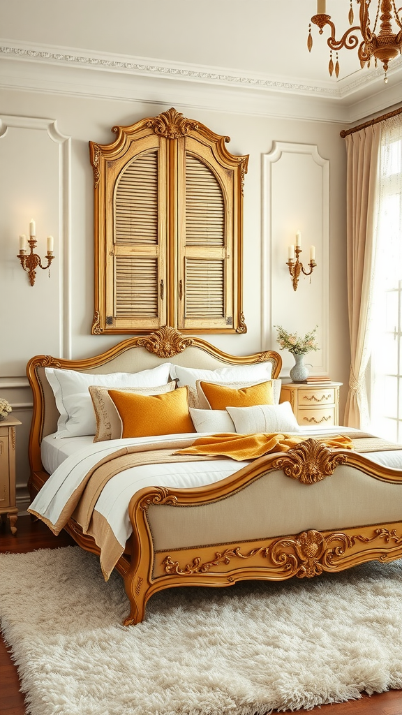 A luxurious French country bedroom featuring a golden bed frame, white bedding, and elegant decor.