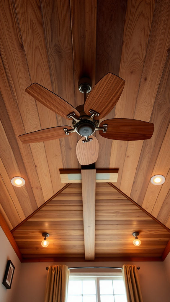 Wooden ceiling design with a fan and light fixtures