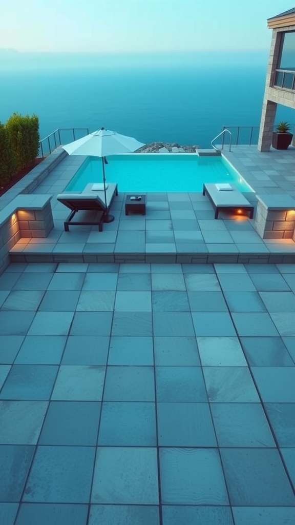 Elevated paver patio featuring a pool, lounge chair, and umbrella with a view of the ocean.