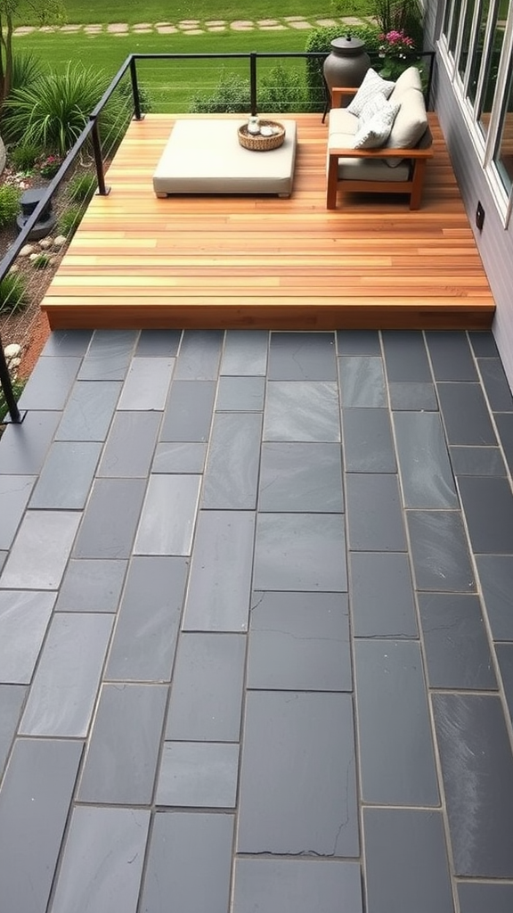 A stylish elevated patio featuring a wooden deck and gray paver stones, surrounded by greenery.